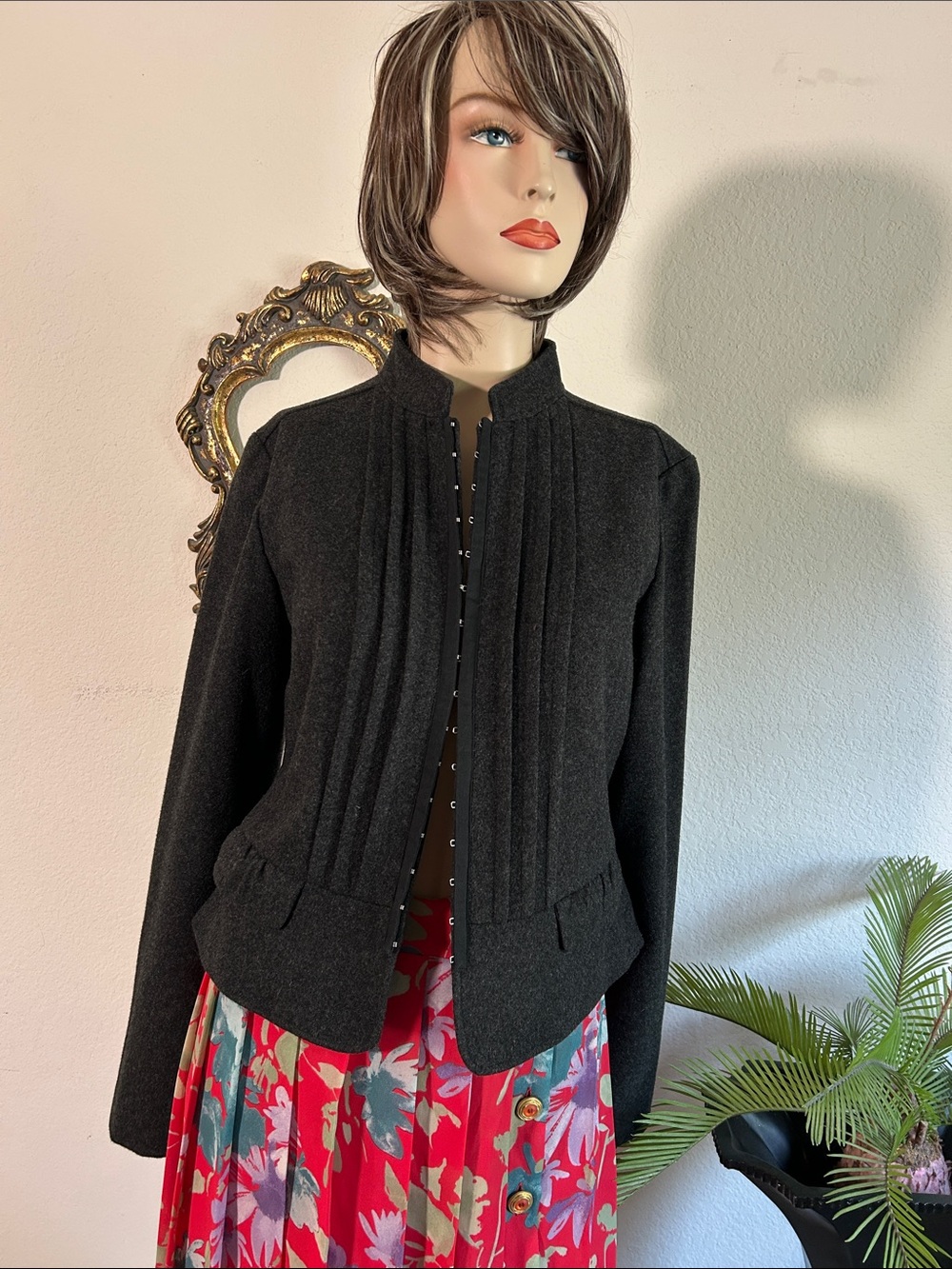 hinge Black Pleated-Front Stand Collar Jacket
